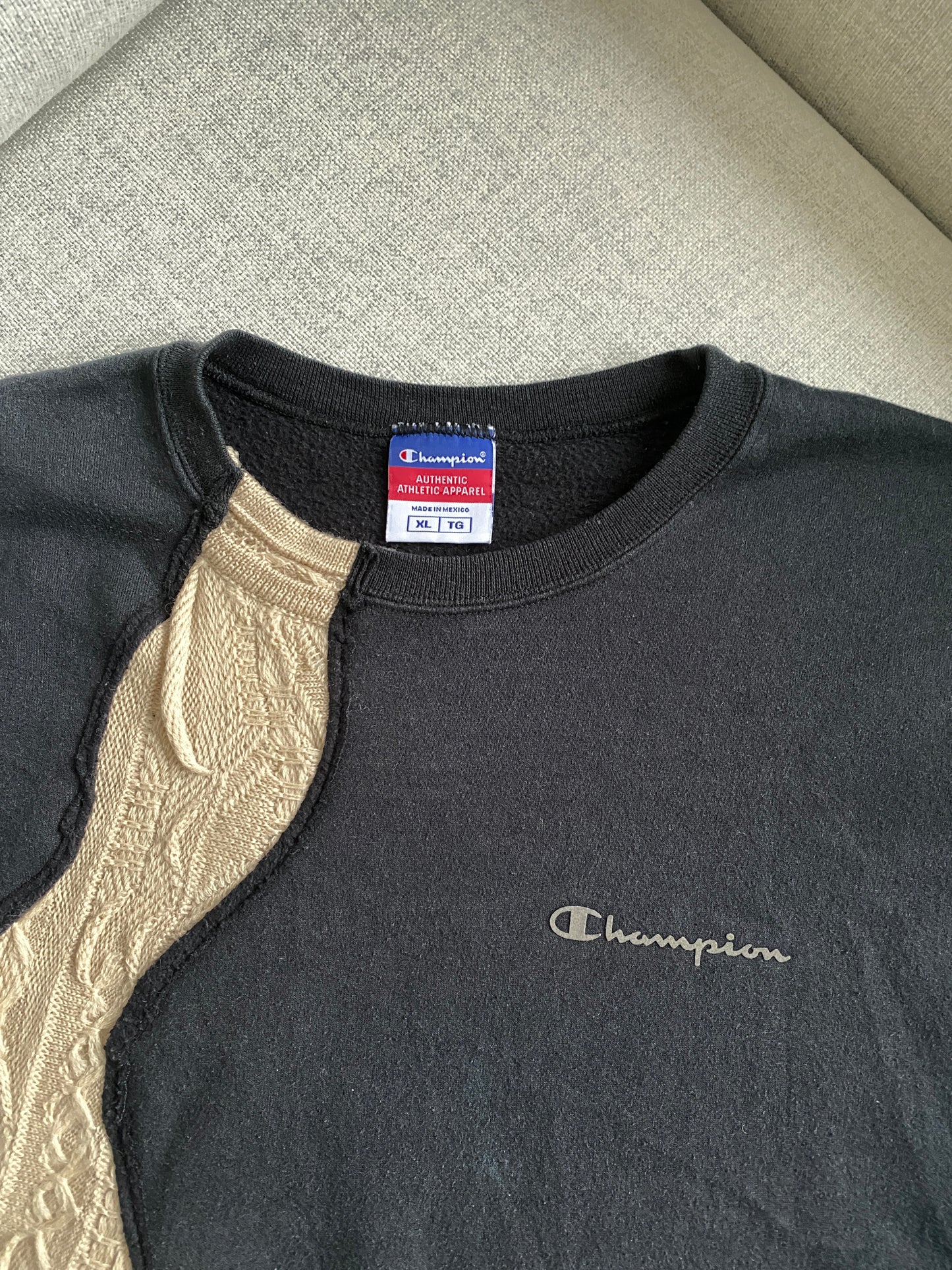 SPVNS STUDIOS: reworked vintage Champion x Carlo Colucci Style knit beige/black sweater (L)